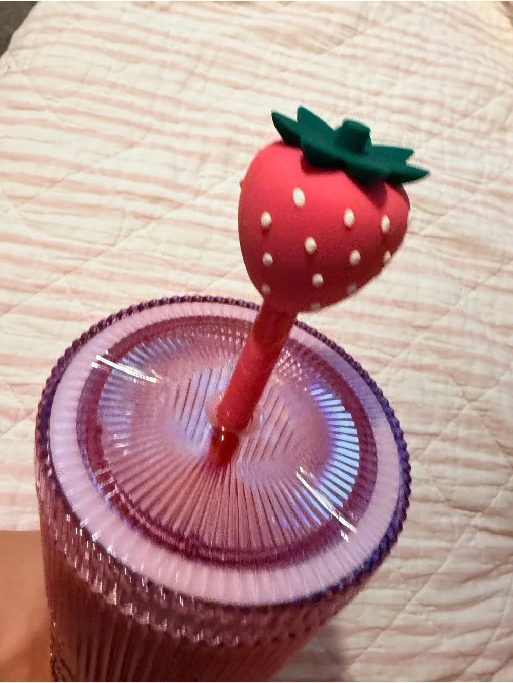 NWT🍓Starbucks Pink Ribbed Tumbler with Strawberry Lid Topper